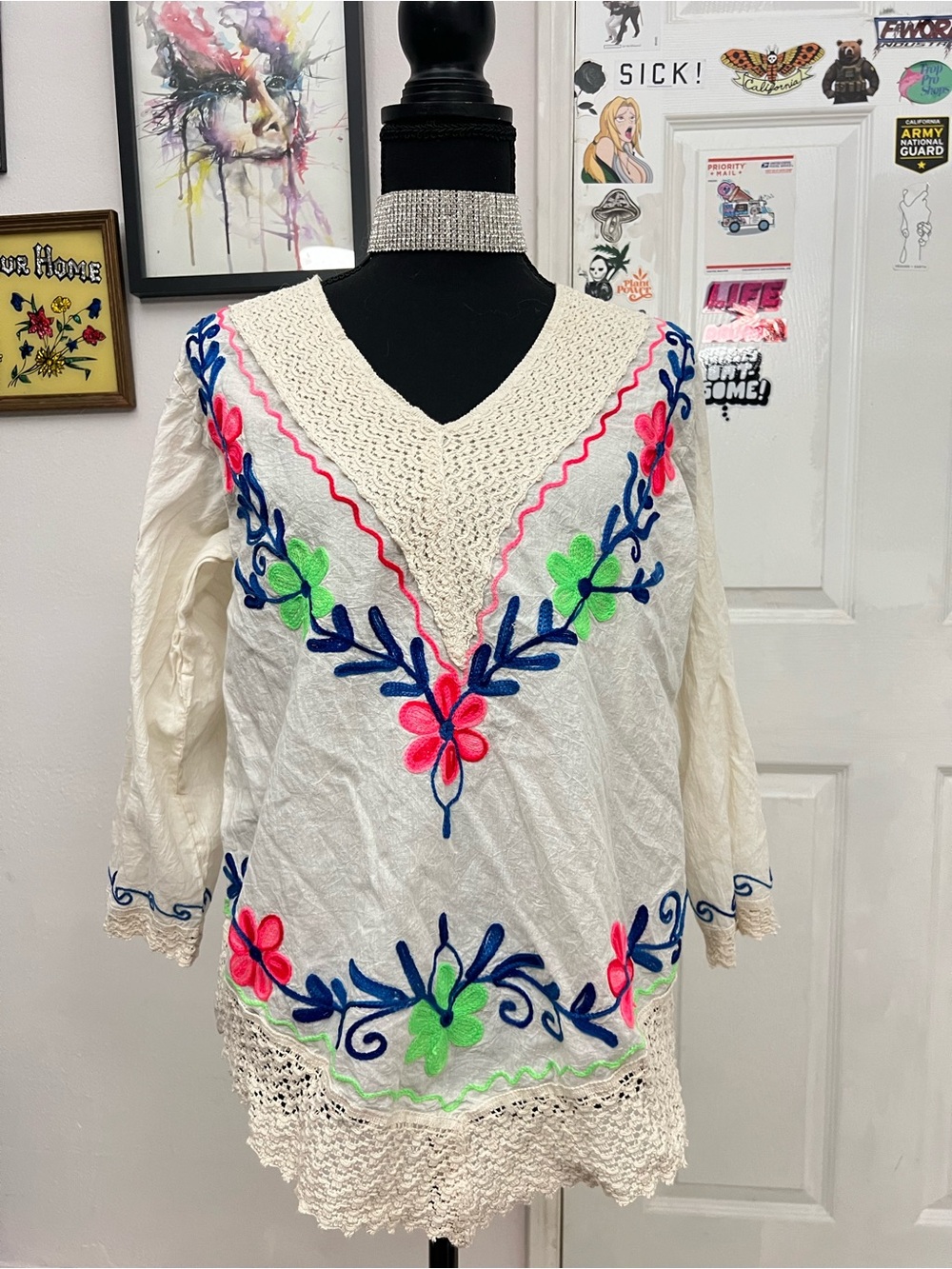 Cream Embroidered V-Neck Boho Tunic with Neon Floral Accents